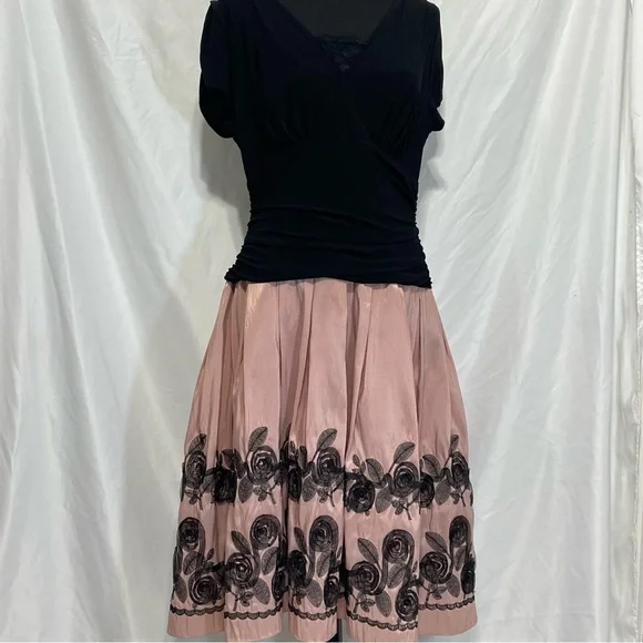 J.R.Nites by Carolin black-top dress with a pink A-line skirt. Size 16. Roses - Picture 1 of 16